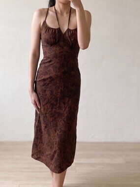 Brown Paisley Midi Dress | Adjustable Straps | Feminine & Flowy